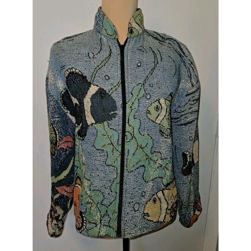 Vintage Tapestry Jacket Ocean Fish Woven Zip Up Maxson Tapestri Style Artsy Boho